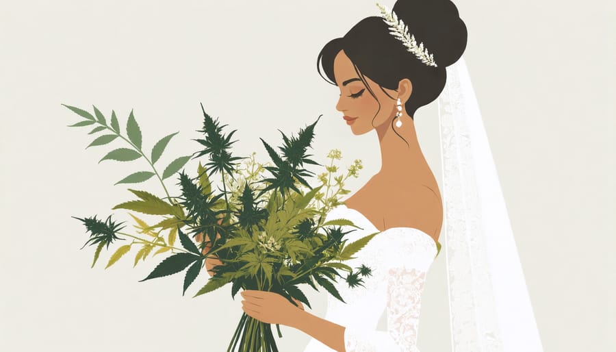 Bride's bouquet combining cannabis buds with roses and lilies for a unique wedding theme.