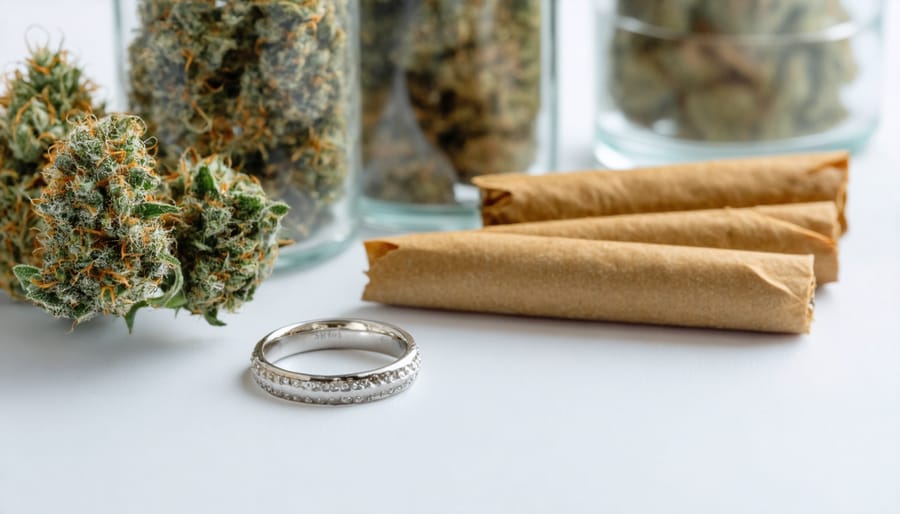 Wedding rings with cannabis-themed reception decor, including pre-rolls and edibles.