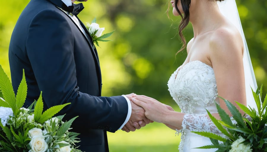 Wedding ceremony with cannabis leaves in floral arrangements, symbolizing a cannabis-themed wedding.