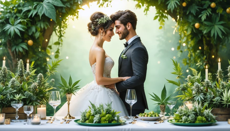 A couple exchanging vows in a garden setting with cannabis leaves incorporated into floral arrangements, symbolizing a cannabis-themed wedding.